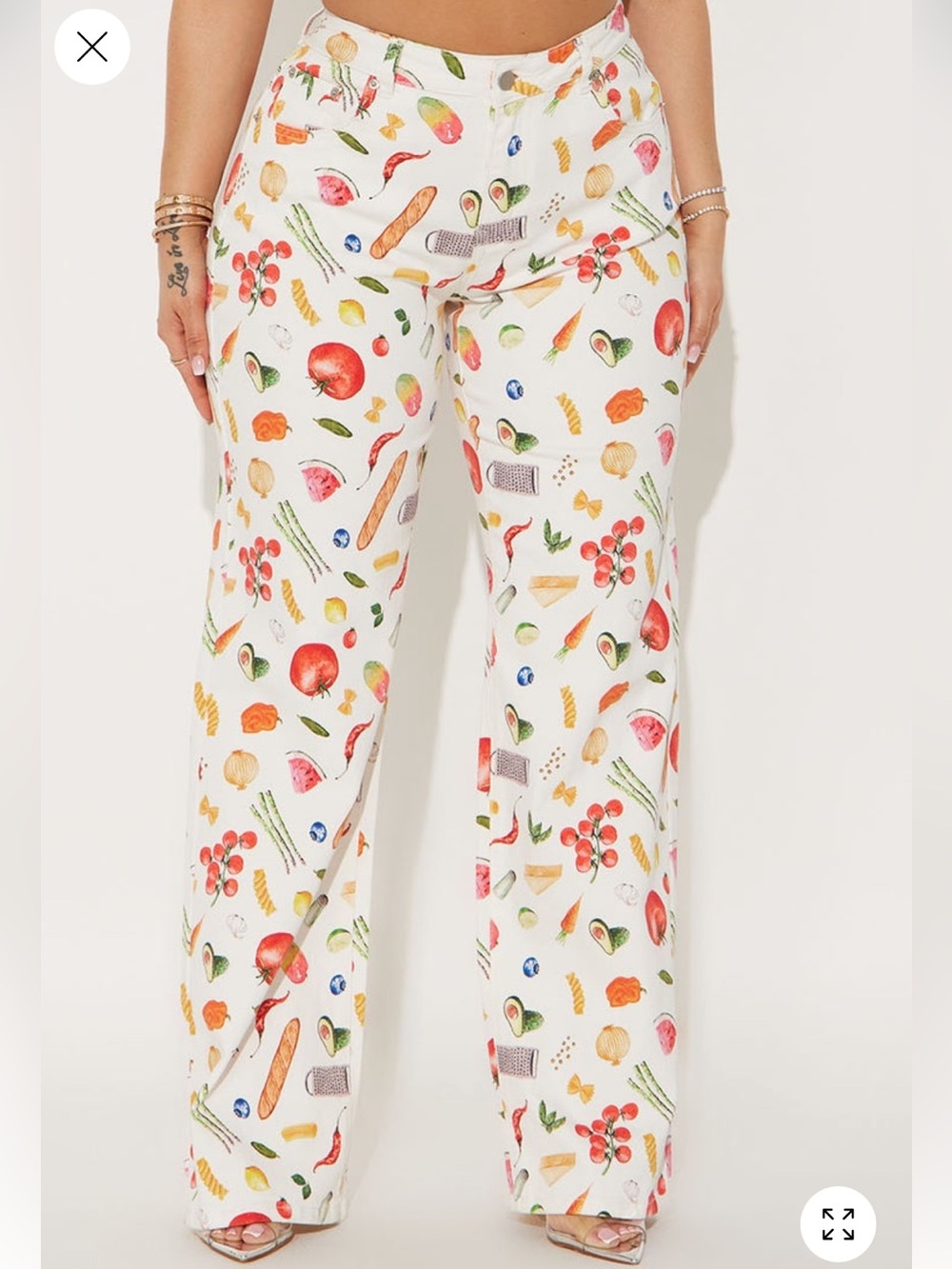 Fashion Nova Colorful Produce Vegetable and Bread Print Pants